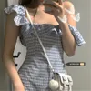 格子縞のドレスの女性新鮮なセクシーな肩帝国韓国のシンプルな女性トランペットvestidos Ruffles Party Club Summer Femme Sundress 210619