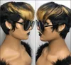 Curto Bob Reto Pixie Cut Nenhum Renda Frente Cabelo Humano Preto/Ombre Loiro Marrom Peruca Com Franja Para Mulheres