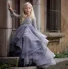 2020 Lila Uzun Kollu Çiçek Kız Elbise Ile 3D Çiçek Aplikler Ile Dantel Balyavuk Prenses Doğum Günü Partisi Kıyafeti Vestidos Için Custom Made