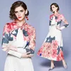 Fashion Runway Designer Maxikleider Damen Langarm Bogenkragen Elegantes Rose Floral Bedrucktes Plisseekleid 210603