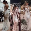 2021 Sheer Bohemian Mermaid Wedding Dresses Jewel Neck Illusion Long Sleeves Lace Appliqued Crystal Beads Backless Beach Boho Bridal Gowns Sweep Train Plus Size