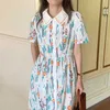 Korejpaa Women Dress Summer Korean Chic Vintage Elegant Lapel Single Breasted Small Flowers Print Waist-slim Long Dresses 210526