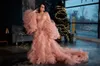 Roze Puffy Lange Mouwen Galajurken Ruches Robe Tulle Tiered Avondjurk Cutsom Made Plus Size Party Gewaden Fotoshoot Vestidos