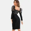 Wiosna Black Bodycon Bandaż 2 Dwuczęściowy zestaw Sexy Długi rękaw Hollow Polka Dot Short Top i Mini Spódnica Damska Party 210527