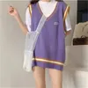 Kvinnor Ärmlös Pullover Höst Koreansk stil Stripe Patchwork Casual Loose V Neck Knit Sweater Vest Waistcoat Top T362 210812