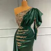 Sobressaia Sereia Verde Escuro Vestidos de Baile Manga Longa Um Ombro Frisado Vestidos de Noite Vestido de Festa Com Trem Ocasião Especial robe de sarau
