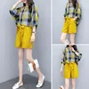 Verão Amarelo Dois Parte Sets Outfits Mulheres Plus Size Xadrez Camisas Tops e Largo Perna Shorts Ternos Casuais Elegant Korean Sets T200603
