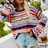 Aproms Multi Color Blocked Knitted Pullover Women Summer Casual Flare Sleeve Hollow Out Sweater Cool Girls Fashion Jumper 211215