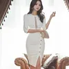 white dress for women Summer Korea Half Sleeve crew neck polyester OL hollow Out Ladies Office Sexy Party Dresses 210602