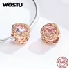 WOSTU Gül Altın Çiçek Boncuk 100% 925 Ayar Silve Soluk Pembe Zirkon Charm Fit Orijinal Bilezik Kolye Kadınlar Takı CQC1258 Q0531