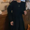 Yitimuceng Midi Sukienki Dla Kobiet Oversize Ruched Korean Moda Sukienka Office Lady Długi Rękaw Czarny Różowy Jesień Wiosna 210601