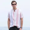 100% Pure Linen Striped Shirts Short Sleeve Casual Stand Collar Hemp Man Summer Fashion Breathable Tops Men's Clothing 210721