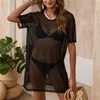 Kvinnors badkläder chayaowu svart o-nacke sexig perspektiv kortärmad mesh klänning kvinnor sommar 2021 blus strand täcker upp utflykt beachwear hol