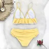 SEASELFIE Sexy Bikinis mi-taille ensemble maillots de bain femmes maillots de bain maillot de bain femmes Biquini jaune vichy à volants maillots de bain Bikini 210305