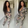 Womens Tracksuit Camouflage Lange Mouw Print Jas Hoge Taille Skinny Broek Mode Casual Outfits Joggers Pak Twee Stuk Sets 210525