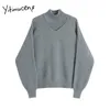 Yitimuceng Pull à col roulé Femmes Manches longues Top en tricot Vêtements d'hiver Automne Bureau Lady Pulls Solide Gris Noir Blanc 210601