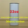 Local Warehouse! 22oz Sublimation Straight Fatty Tumblers Stainless Steel Cups Double Wall Insulated Coffee Mugs Heat Transfer Water Bottles A12