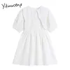 Yitimuceng tröja klänningar kvinnor sommar hög midja puff ärm peter pan krage a-line vitblå koreansk modeklänning 210601