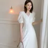 Biała sukienka Kobiety Lato Sexy Rękaw Puffowy Wysoki Wais Midi Sukienki Kobiet Suknie Eleganckie Party Panie Robe Odzież 210608
