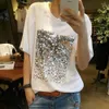 Brillant corée T-shirt femmes été à manches courtes Bling T-shirt hauts décontracté blanc T-shirt Femme Harajuku coton T-shirt 210604