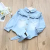 Nieuwe stijl lente baby meisjes blouse turn-down kraag ruches kinderen cowboy jeans shirts kinderen hoge kwaliteit bovenkleding 210306
