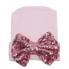 Pasgeboren Baby Hoeden Sequin Big Bow Infant Knit Hoeden Kerstcadeau Baby Meisjes Leuke Bowknot Caps Streep Haak Hoeden 0-3m