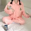 QWEEK Kadınlar Pijama Yatak Odası Set Katı Renk İşlemeli Flanel Pijamas Kore Gevşek Rahat Tuş aşağı yaka pijama şirin 211118