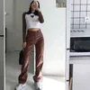 High Waisted PU Leather Pants Women Jogger Casual Fashion Side Pockets Straight Wide Leg Pants Loose Vintage Brown Trousers 211105