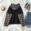 BF Style Patchwork Sweat-shirt Femmes Casual Manches longues à capuche Plaid Mode Pull Femme Coton Noir Poche Coton Tops 201211