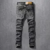 Italiensk stil mode jeans män högkvalitativ elastisk bomull smal passform rippad retro svart grå vintage designer denim byxor nr6q