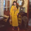 Yosimi Floral Haft Długie Kobiety Sukienka Lato Vintage Biała Bawełna i Pościel O-Neck Loose Mid-Calf Sukienki 210604