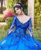 Royal Blue Lace Ball Gown Quinceanera Dresses Sequined Deep V Neck Appliced ​​Sweet 16 Dress Longeple Sweep Train Tulle Masquerade klänningar