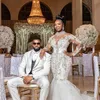 2021 neue Sexy Afrikanische Kristall Meerjungfrau Brautkleider High Neck Sheer Long Sleeves Spitze Kristall Perlen Braut Hochzeit Kleider Robe d227b