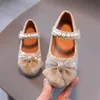 2022 Spring new Girls flat shoes fashion Shallow round head bow Soft bottom non-slip Dance Calçados Infantis Girl Party Dressing Wedding Shoe