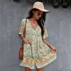 Bohemian Floral Print Sommarklänning Kvinnors Deep V Neck Kortärmad Klänningar Sexig Casual Loose Midi Dress for Women Plus Siz 210712