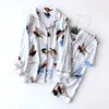 春の薄い長袖のビスコースTシャツのズボンのための女性のパジャマのツーピースのホームスーツの睡眠りパジャマの女性夏の綿のスーツx0526