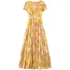 Koreanische Mode Frauen Kleid Gelb Kurzarm Reißverschluss es Frau Natürliche Wasit Lange Square Neck Floral es 210604