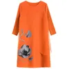 Flower Drill Mesh Pleated Dress Kvinnors sommar Tre fjärdedel ärmar Lösa Casual Orange Klänningar Morgåva 2d3930 210526