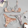 Women's eyelashes lace stitching sexy underwear underwire bra and panties three-piece thin mesh see-through erotic lingerie set 211104