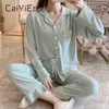 Caiyier Kvinnors Pyjamas sätter ren färg Femme Nighty Winter Tjock Casual Sleepwear Bomull Tjejer Now-down Collar Söt Nightwear 210809