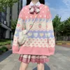 Japansk Kawaii Stickning Tröja Kvinnor Söt Jordgubbsutskrift Långärmad Pullover Höst Vinter Vintage Rosa Top 210914