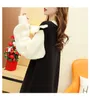 H.SA Femmes Longue Robe Pull Noeud Papillon Style Lâche Longueur Au Genou Tricot Robes Noir Blanc Robe D'hiver Volants Pull Pull Jumper 210716