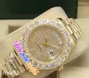 44 mm Tag Datum A2813 Automatische Herren Watch Big Diamond Lünette Gypsophila Zifferblatt Rome Marker 18k Gelb Gold Stahl Armband Uhren Tim254W