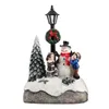 Christmas Village Scene Xmas Tree Snowman Resin Ornament with LED Light Animated Street Lamp Miniature Statue Decoration 211015