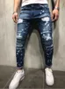 Mens Jeans Chavo Regular Impressão Buraco Buraco Design Moda Ankle Zipper Skinny Calças de brim para o verão Moda Hip Hop Azul Stretch Jeans X0621