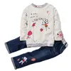 Fashion Spring Autumns Kids Girls Kläder Satser Bomull O-Neck Toppar + Jeans 2 st Långärmad Blommig Denim Suits 2 till 6 år 211021