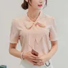 Blouses voor vrouwen zomer tops korte mouw casual chiffon blouse vrouwelijk werk dragen solide roze office shirts 210531