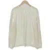 Ретро дикие свободные круглые шеи плиссированные микропрозрачные блузка женские топы блеск твердого слойки с длинным рукавом Blusas de Mujer 210610