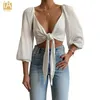 Kvinnor Sexiga Toppar Bow Sashes V Neck Crop Top Ärmlös Half Sleeve Beskuren Backless Beskuren Feminino Top X0628