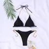 Costume da bagno bikini con fasciatura con lacci Costume da bagno perizoma con taglio alto Costume da bagno triangolo femminile Costume da bagno con scollo all'americana nero Biquini sexy 210604